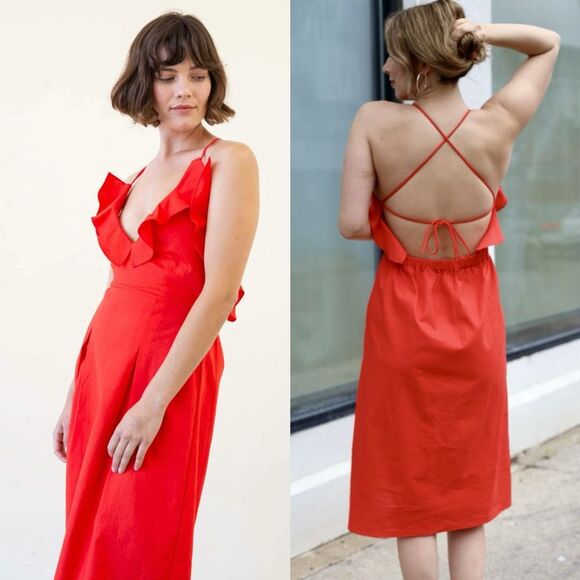 NWT Toit Volant Nana‎ Atelier Red Ruffle Dress Sz L Backless Linen Blend - Picture 1 of 11